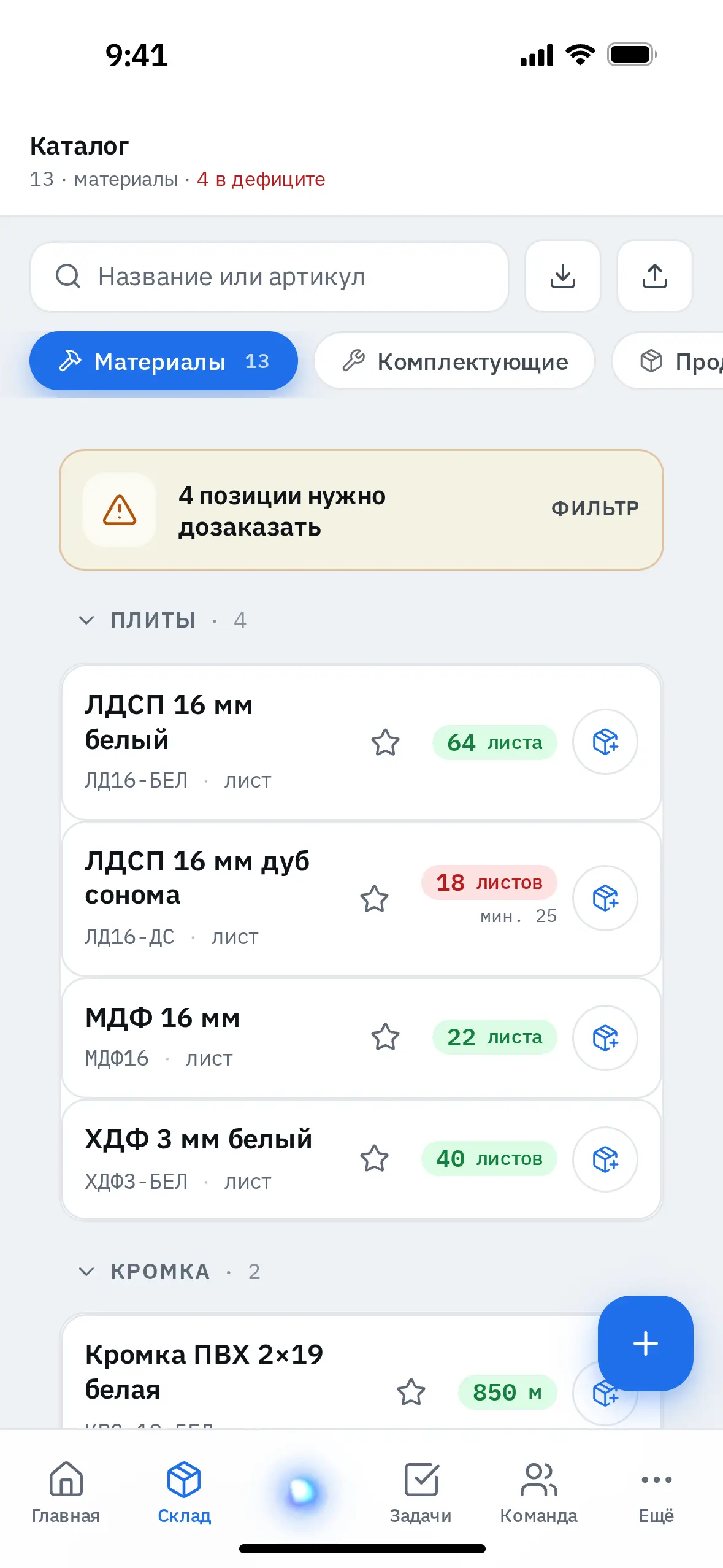 Каталог склада, вкладка «Материалы»: плашка «4 позиции нужно дозаказать» и карточки материалов с артикулом и остатком. ЛДСП 16 мм дуб сонома выделена красным — 18 листов при минимуме 25.